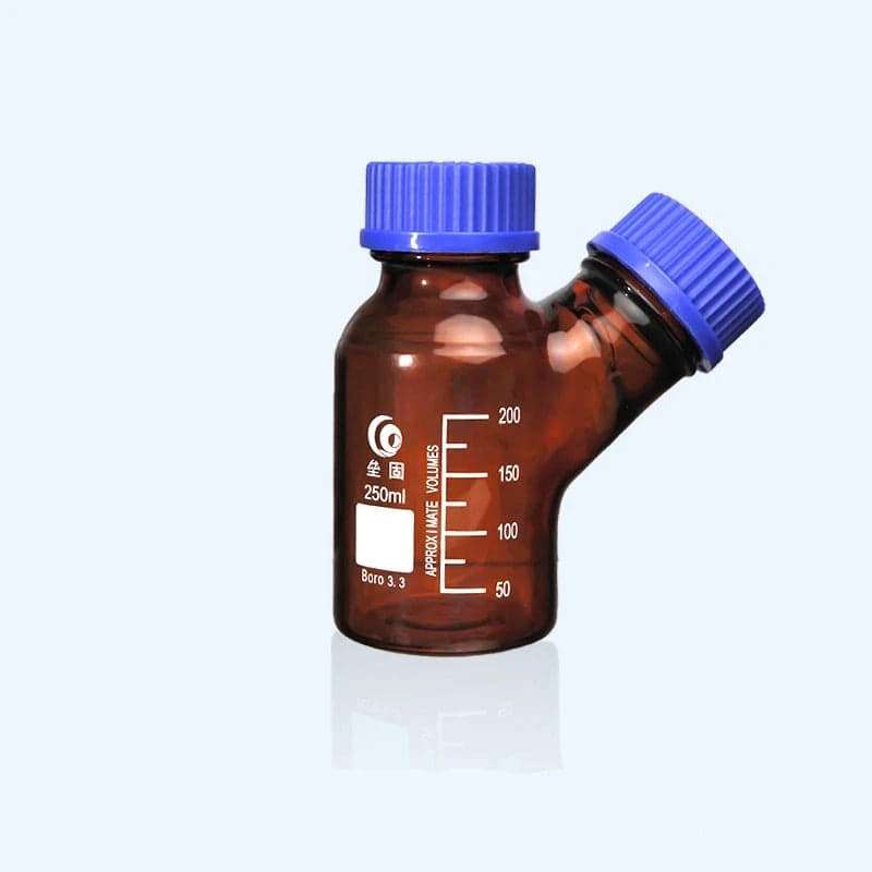Double-necked-HPLC-bottle-with-GL45-screw-cap-brown-gla-250-ml-1-hole-1.jpg Double-Necked HPLC Bottle, Brown Borosilicate Glass 3.3, GL45 Screw Cap, 250-2000 ml