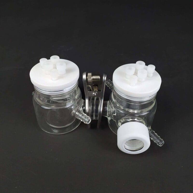 Dual-chamber-H-cell-membrane-sealed-photoelectrochemica-1-1.jpg Dual Chamber H-Cell Membrane Sealed Photoelectrochemical Reactor with Water Jacket, 50 to 500 ml