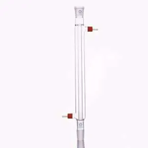 Liebig condenser with joint and unscrewable plastic connectors, length 200 mm to 500 mm.