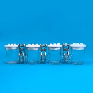 Quattro chamber H-cell membrane sealed electrochemical reactor, capacity 30 to 300 ml